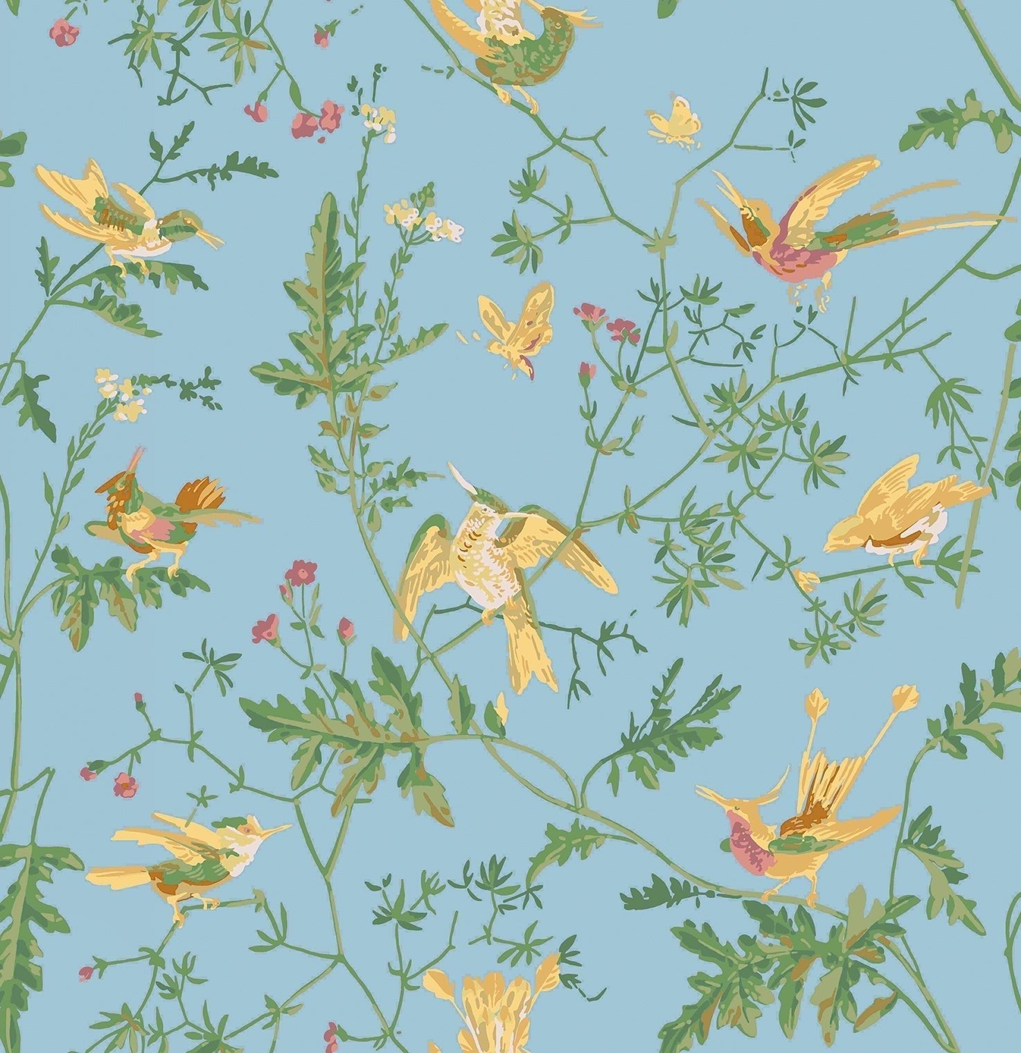 Hummingbirds Wallpaper - Buttercup Yellow on Cornflower Blue - 124/1004 - Cole & Son - Premier Wallcovering
