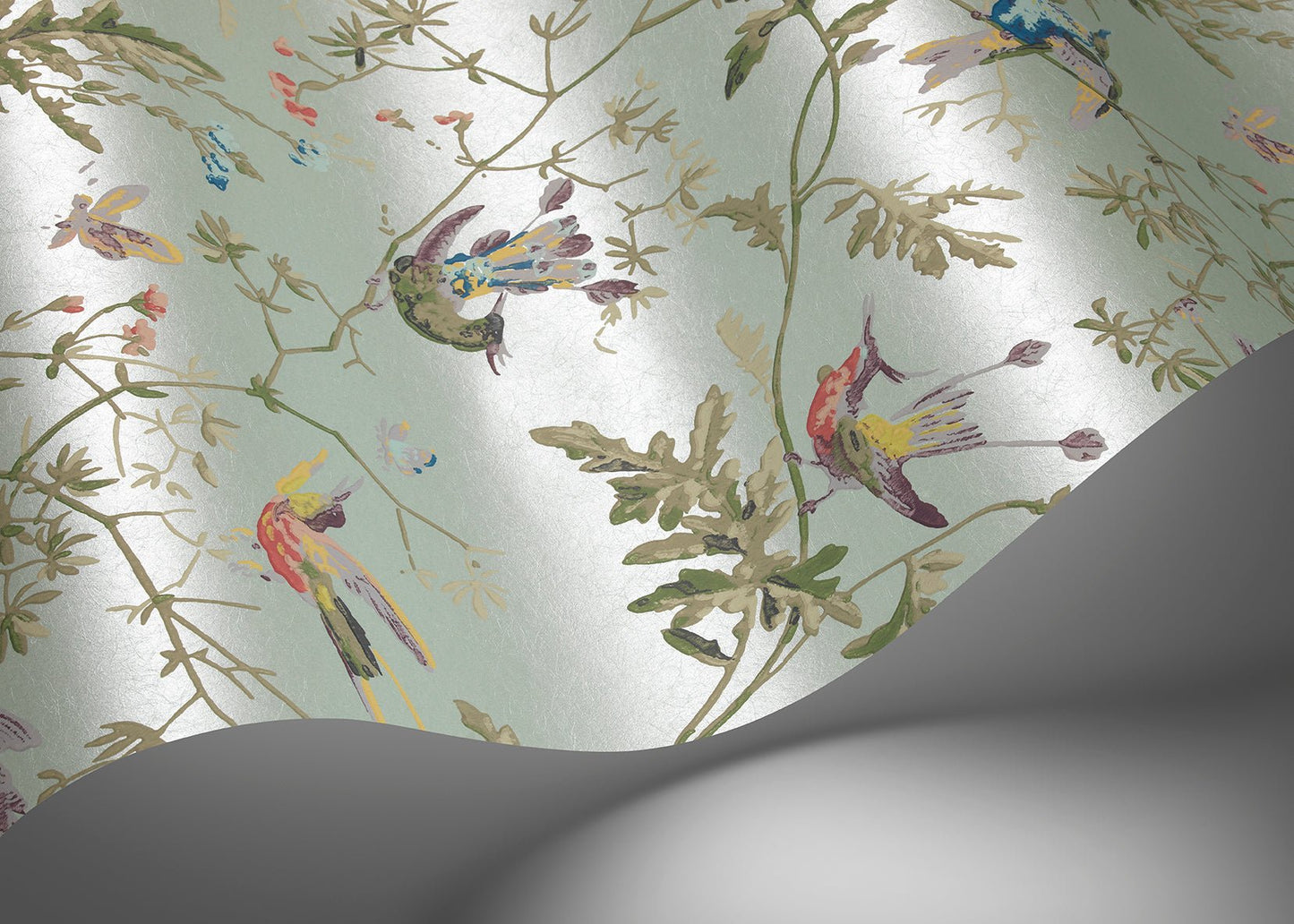 Hummingbirds Wallpaper - Multi, Old Olive on Duck Egg Mica - 124/1007 - Cole & Son - Premier Wallcovering