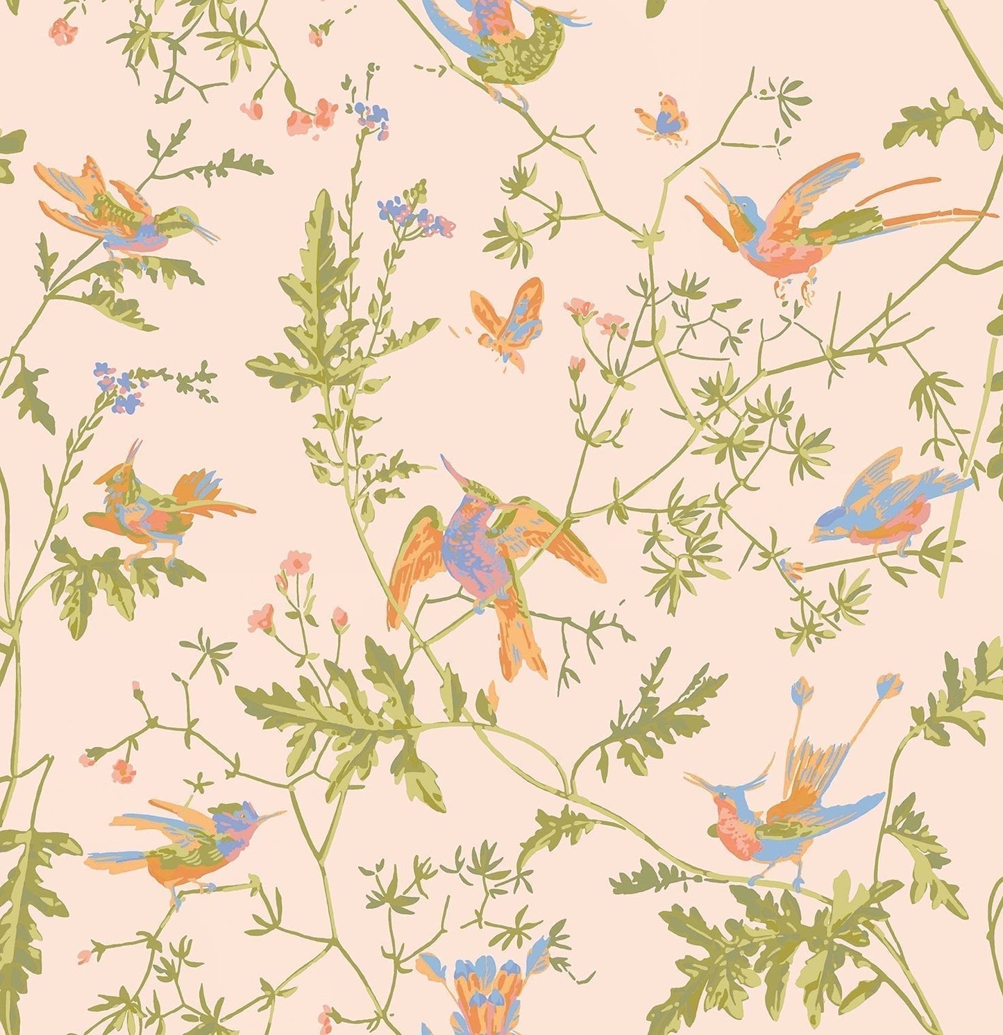 Hummingbirds Wallpaper - Tangerine & Olive on Blush - 124/1002 - Cole & Son - Premier Wallcovering
