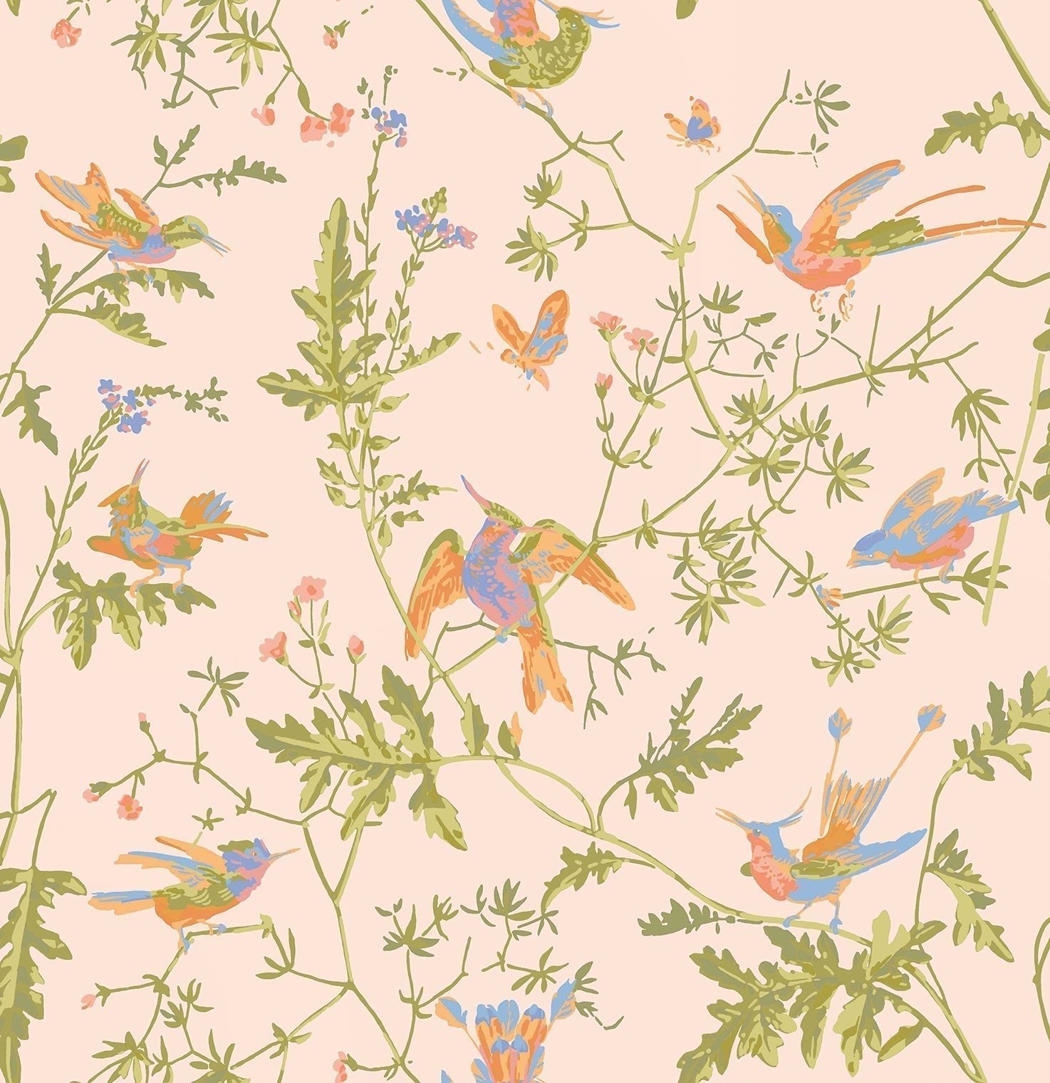 Hummingbirds Wallpaper - Tangerine & Olive on Blush - 124/1002 - Cole & Son - Premier Wallcovering