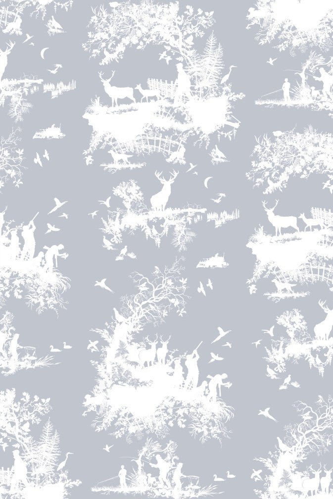 Hunting Toile Wallpaper - White on Pale Blue - Timorous Beasties - TB/HTOIL/4232/05 - Premier Wallcovering