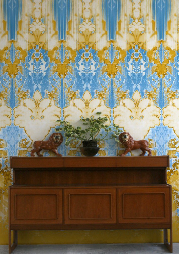 Ikat Damask Wallpaper Panels - Blues, Gold and White - Timorous Beasties - ROR/IKAT/MICA/04 - Premier Wallcovering