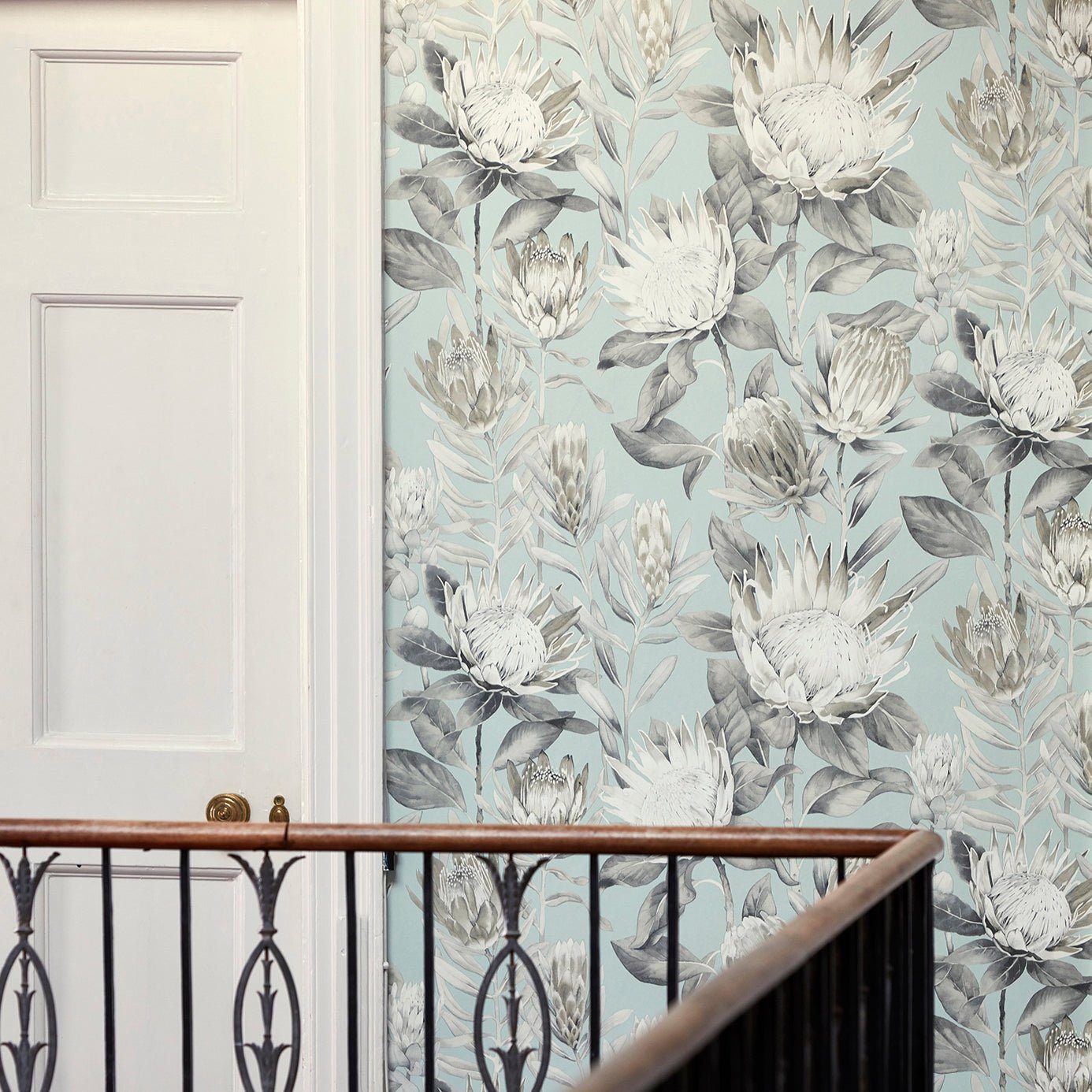 King Protea Wallpaper - Aqua/Linen - Sanderson - DGLW216645