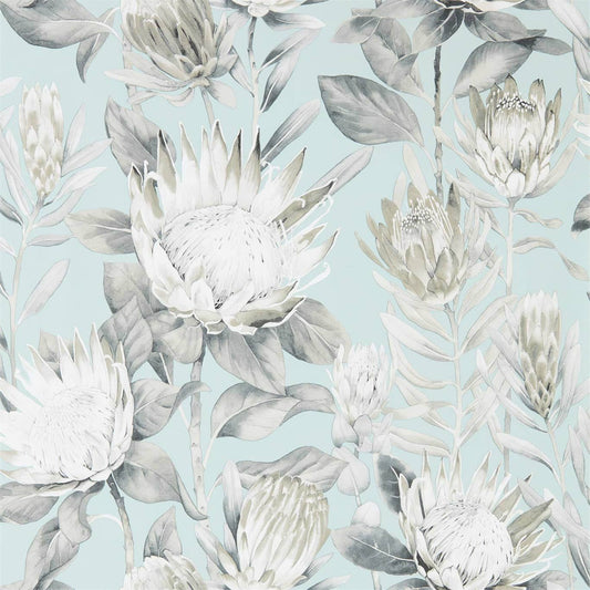 King Protea Wallpaper - Aqua/Linen - Sanderson - DGLW216645