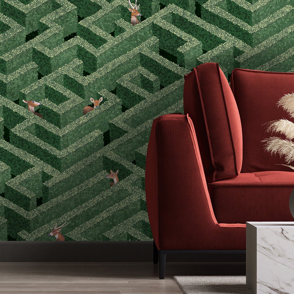 Labyrinth with Deers Wallpaper - Green - Josephine Munsey - JMW-100901 - Premier Wallcovering
