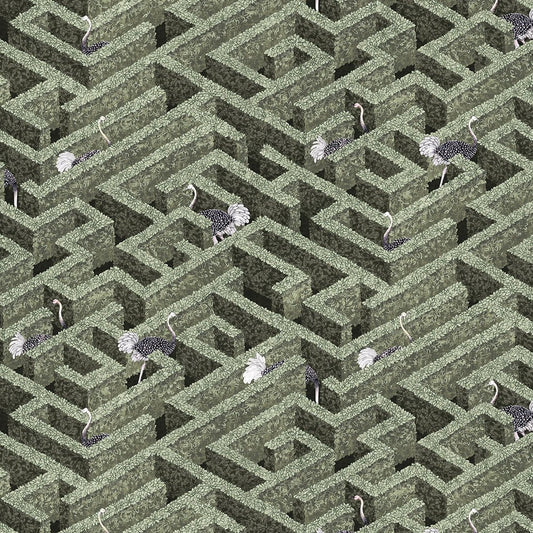 Labyrinth with Ostriches Wallpaper - Eucalyptus - Josephine Munsey - JMW-101001 - Premier Wallcovering