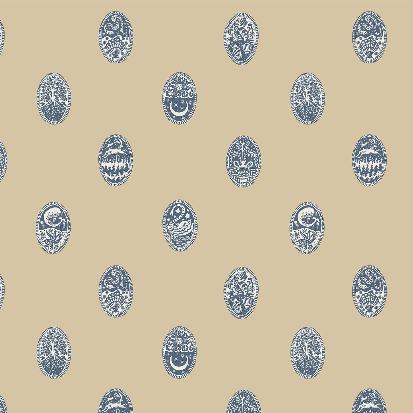 Linear Cameos Wallpaper - Shell, Churt Blue and Cliffwell Stone - Josephine Munsey - LIN-057-061-015 - Premier Wallcovering