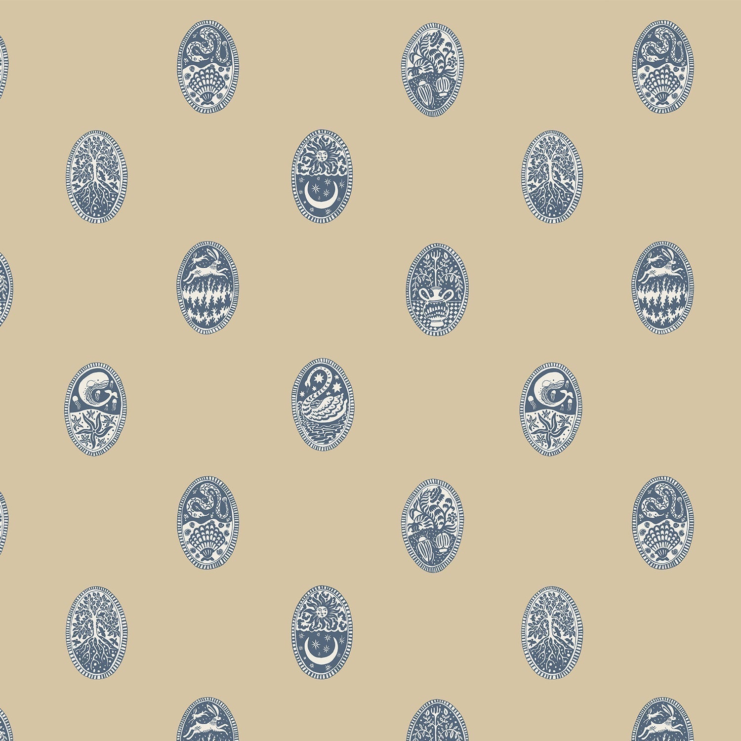 Linear Cameos Wallpaper - Shell, Churt Blue and Cliffwell Stone - Josephine Munsey - LIN-057-061-015 - Premier Wallcovering