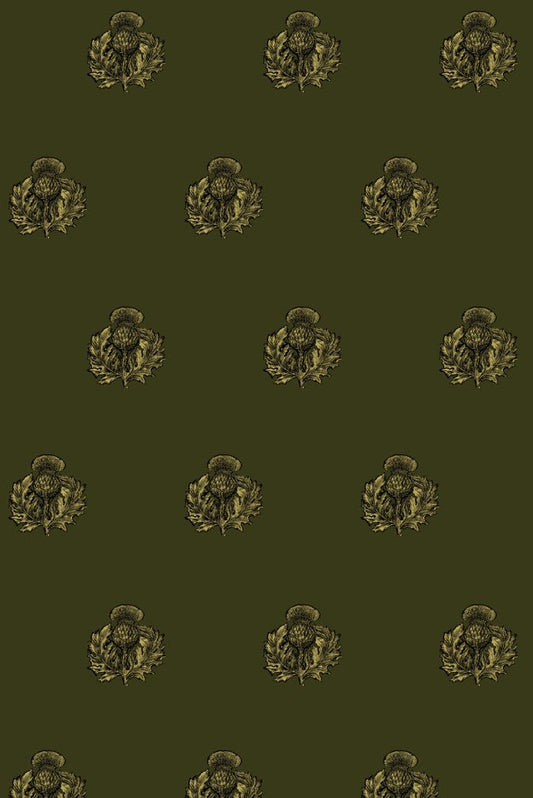 Little Thistle Velvet Fabric - Black & Pale Gold on Olive - Timorous Beasties - LTHL/8118/01 - Premier Wallcovering