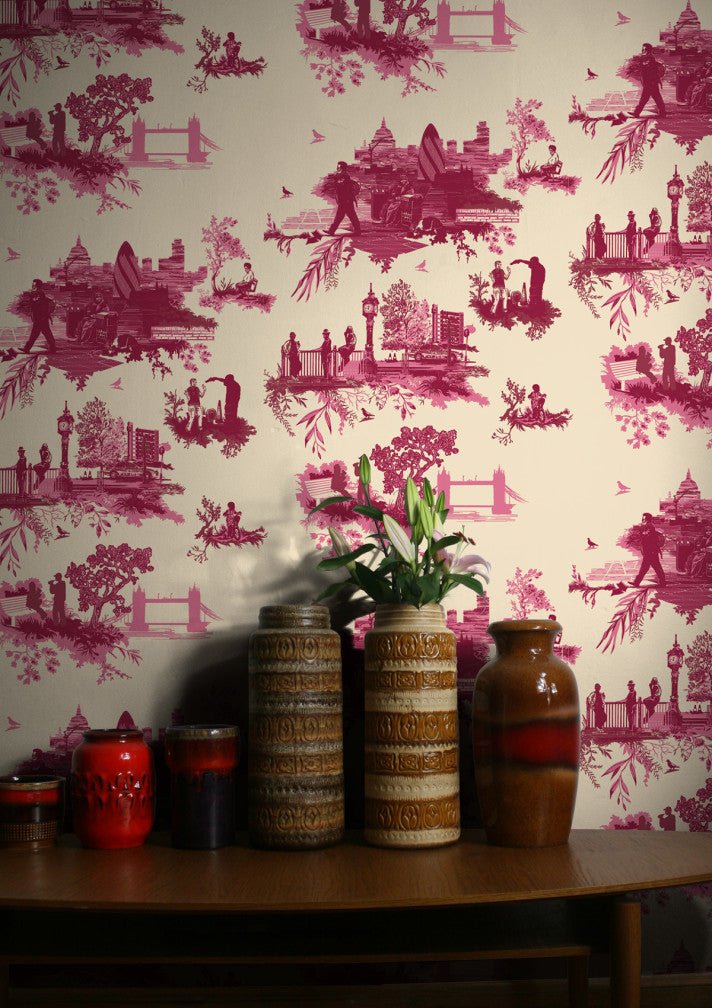 London Toile Wallpaper - Red & Pink on Cream - Timorous Beasties - TB/LTOIL/4004/01 - Premier Wallcovering