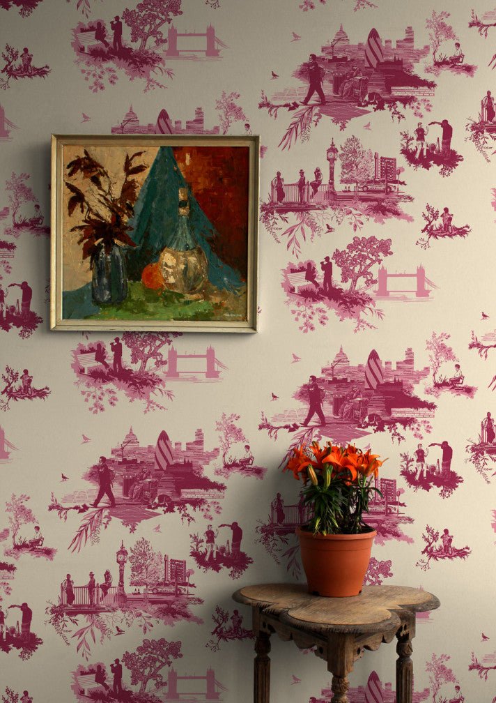 London Toile Wallpaper - Red & Pink on Cream - Timorous Beasties - TB/LTOIL/4004/01 - Premier Wallcovering