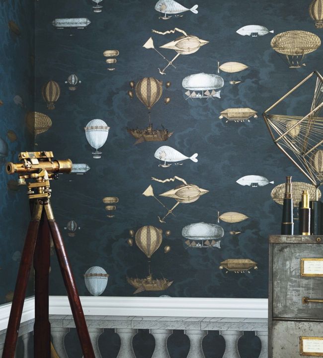 Macchine Volanti Wallpaper - Slate Blue & Metallics - 97/1002 - Cole & Son - Premier Wallcovering