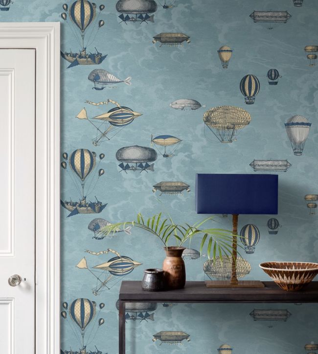 Macchine Volanti Wallpaper - Sky Blue & Metallic Gilver - 114/10021 - Cole & Son - Premier Wallcovering