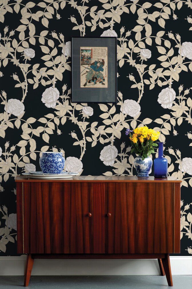 McGegan Rose Wallpaper - Neutrals on Black - Timorous Beasties - HS/MCG/SMM/03 - Premier Wallcovering