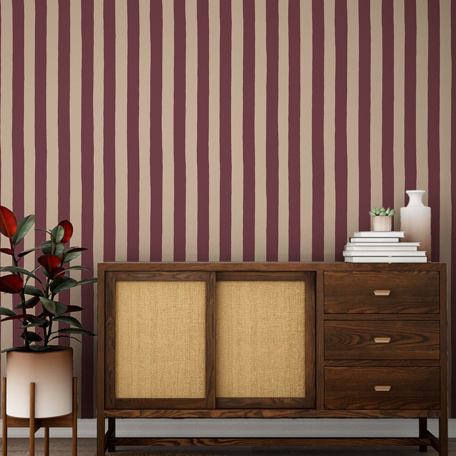 Medium Hand Painted Stripe Wallpaper - Red Current and Shiitake - Josephine Munsey - MHP-063-066 - Premier Wallcovering