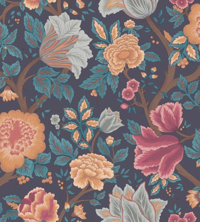 Midsummer Bloom Wallpaper - Burnt Orange, Rose & Petrol on Ink - 116/4014 - Cole & Son - Premier Wallcovering