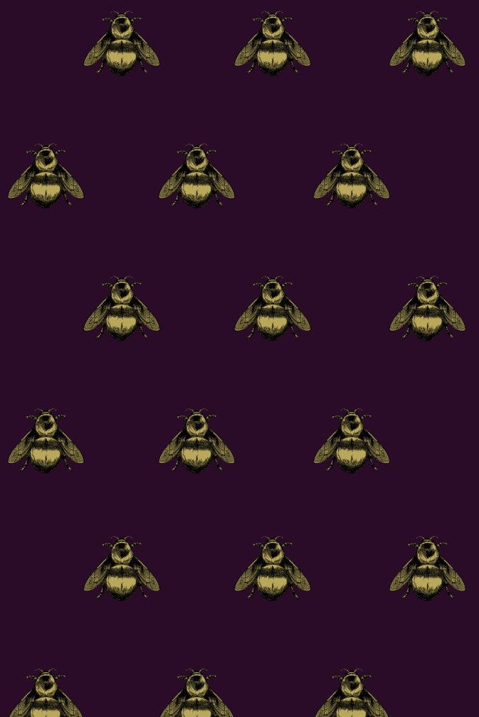 Napoleon Bee Velvet Fabric - Black & Pale Gold on Aubergine - Timorous Beasties - NB/8612/05 - Premier Wallcovering