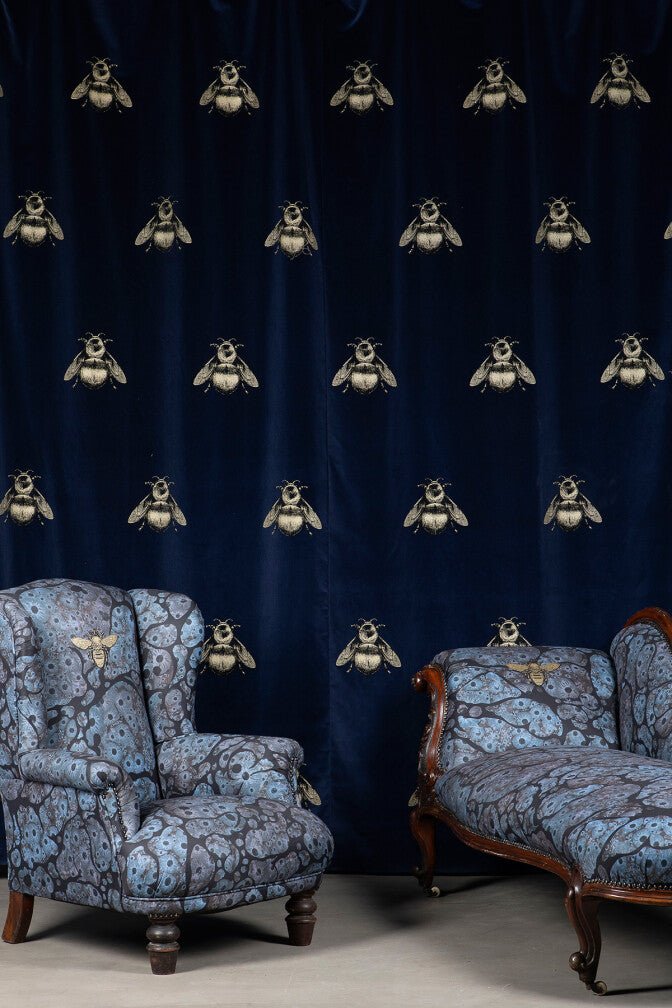 Napoleon Bee Velvet Fabric - Black & Pale Gold on Navy - Timorous Beasties - NB/8818/05 - Premier Wallcovering