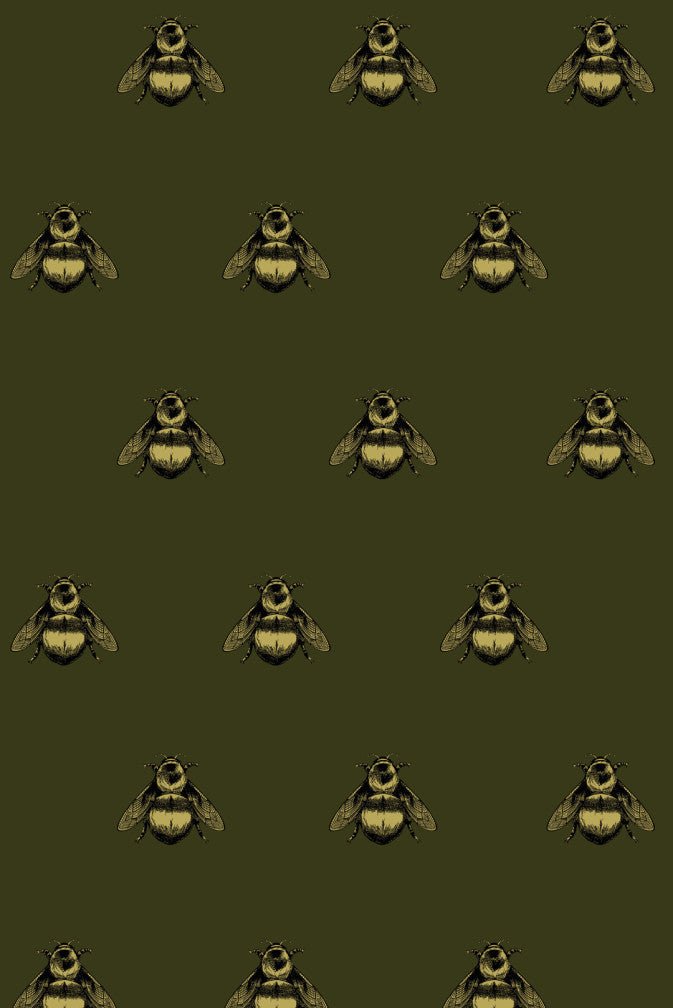 Napoleon Bee Velvet Fabric - Black & Pale Gold on Olive - Timorous Beasties - NB/8118/01 - Premier Wallcovering