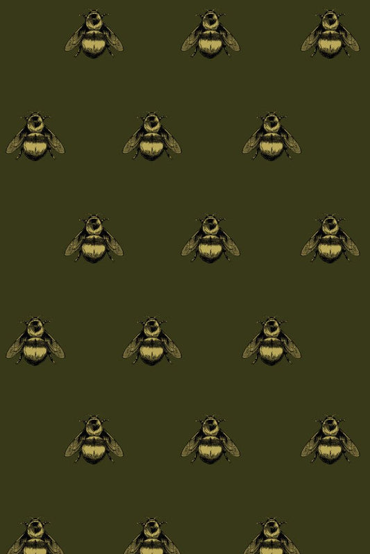 Napoleon Bee Velvet Fabric - Black & Pale Gold on Olive - Timorous Beasties - NB/8118/01 - Premier Wallcovering