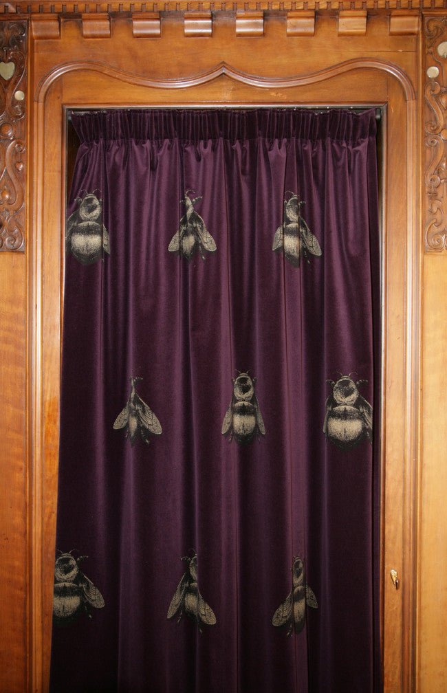 Napoleon Bee Velvet Fabric - Black & Pale Gold on Aubergine - Timorous Beasties - NB/8612/05 - Premier Wallcovering