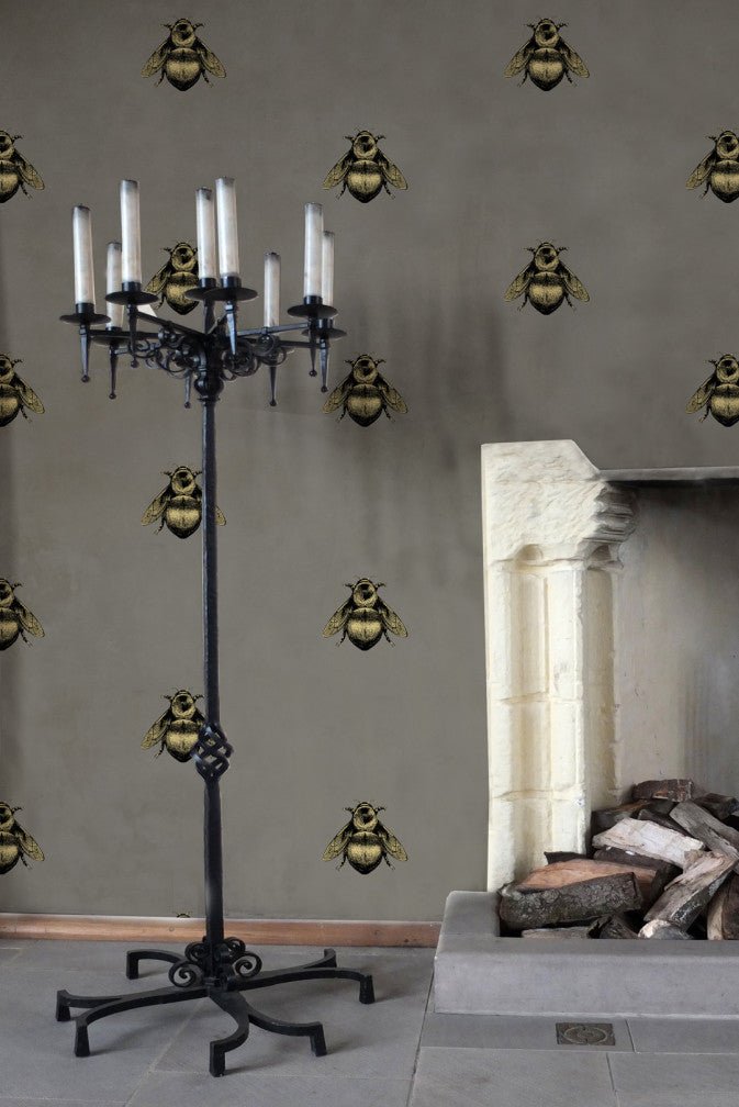 Napoleon Bee Wallpaper - Black & Gold on Grey - Timorous Beasties - TB/NAP/5006/SNW - Premier Wallcovering