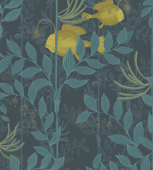 Nautilus Wallpaper - Chartreuse & Petrol on Midnight - 103/4018 - Cole & Son - Premier Wallcovering