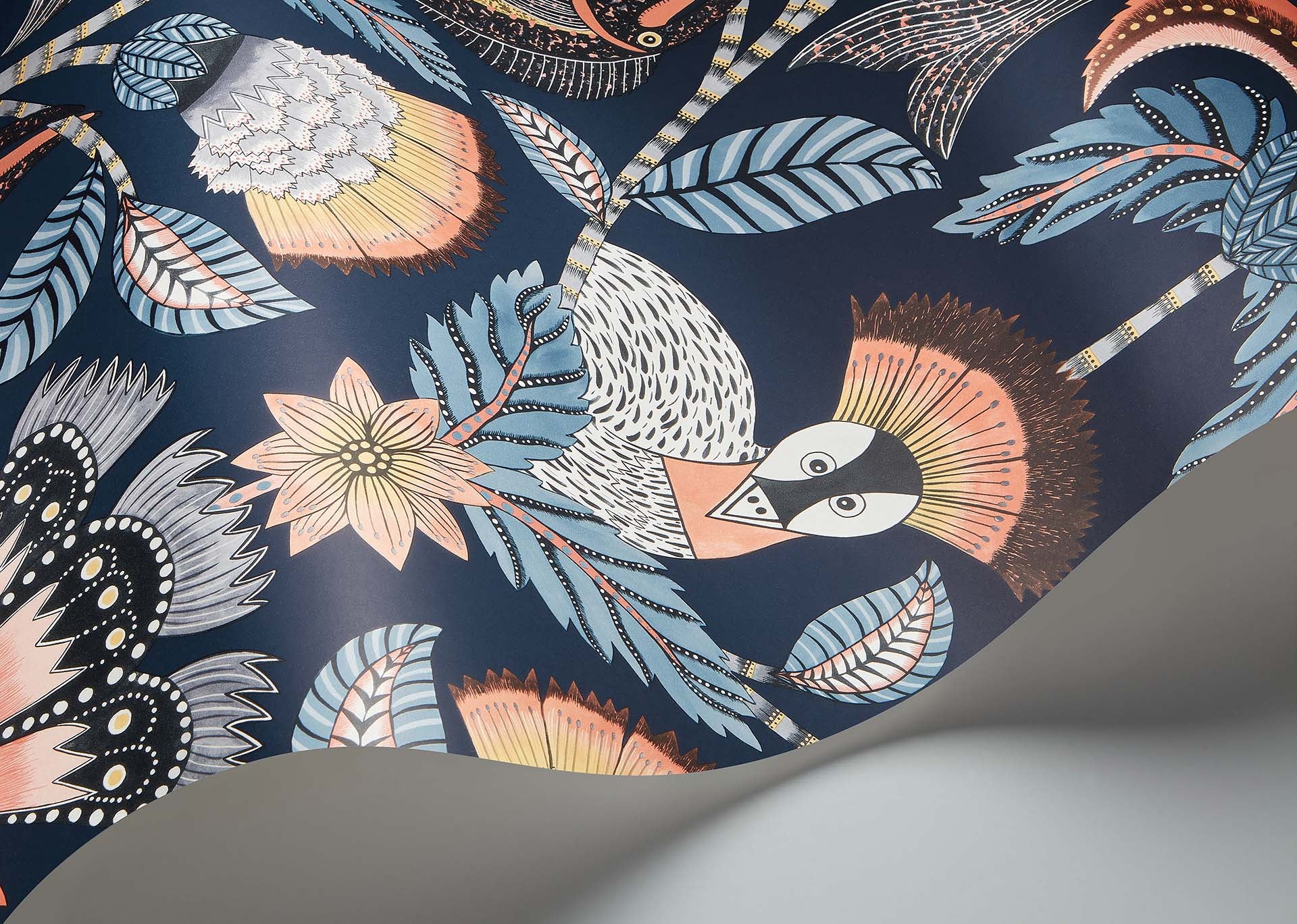 Nene Wallpaper - Terracotta, Cerulean Blue & Heath Grey on Midnight - 119/8038 - Cole & Son - Premier Wallcovering