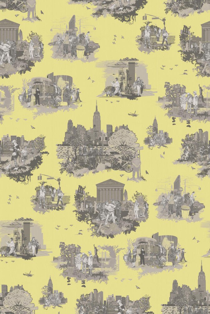 New York Toile Wallpaper - Greys on Yellow - Timorous Beasties - TB/NYTOIL/MICA/04 - Premier Wallcovering