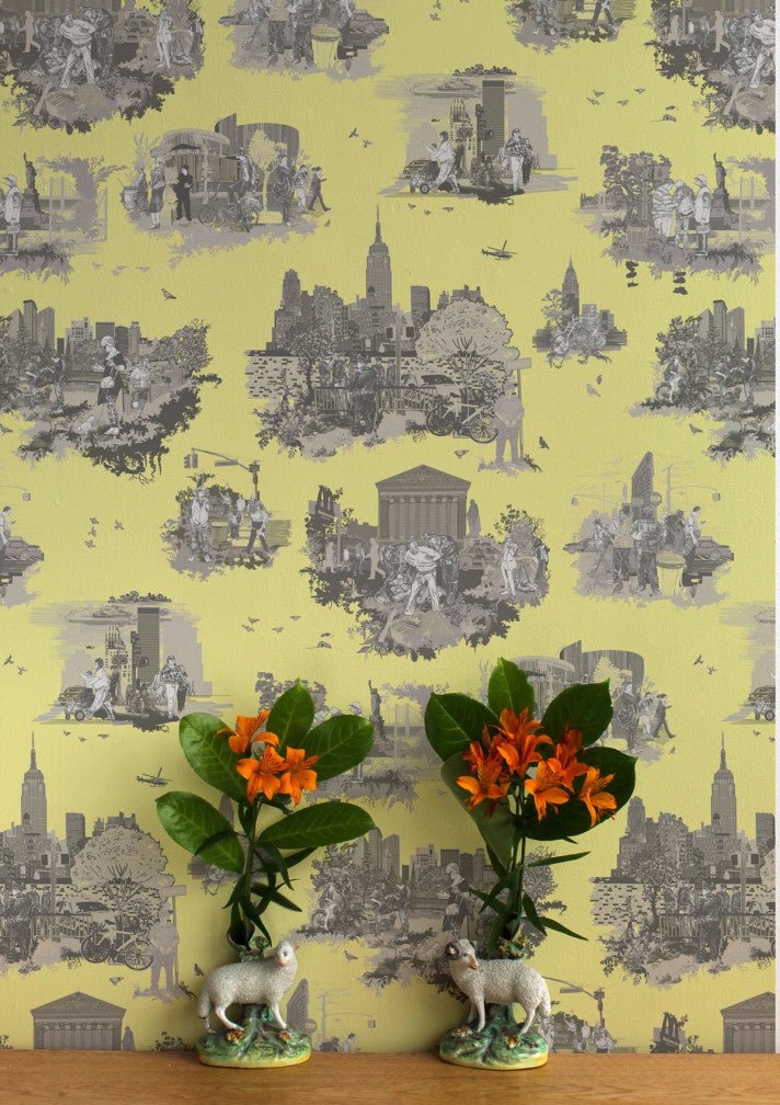 New York Toile Wallpaper - Greys on Yellow - Timorous Beasties - TB/NYTOIL/MICA/04 - Premier Wallcovering