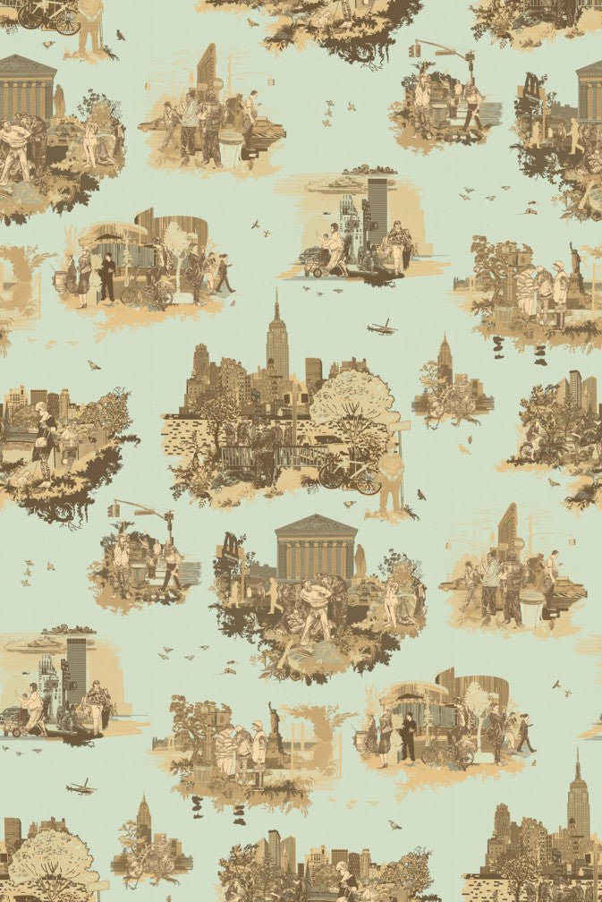 New York Toile Wallpaper - Browns on Green - Timorous Beasties - TB/NYTOIL/MICA/05 - Premier Wallcovering