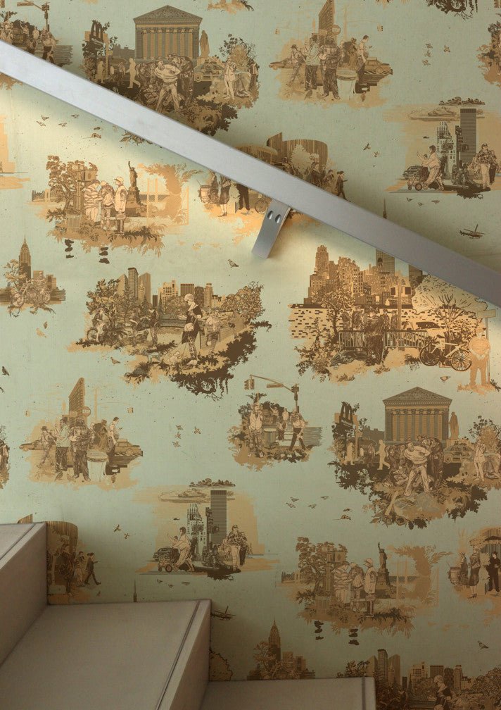 New York Toile Wallpaper - Browns on Green - Timorous Beasties - TB/NYTOIL/MICA/05 - Premier Wallcovering