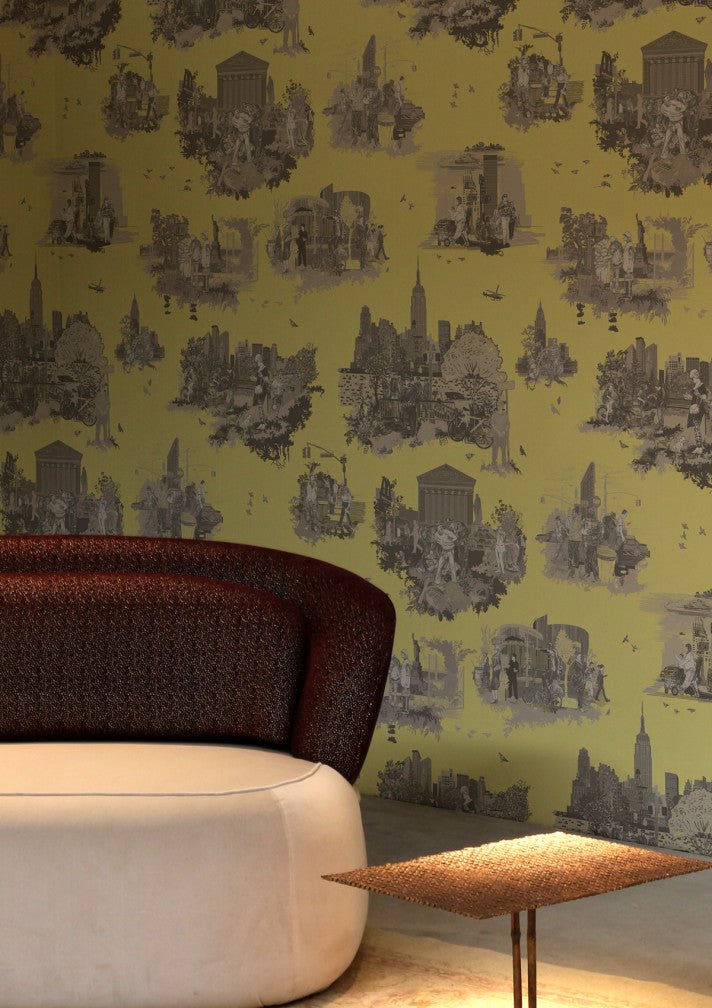 New York Toile Wallpaper - Greys on Yellow - Timorous Beasties - TB/NYTOIL/MICA/04 - Premier Wallcovering