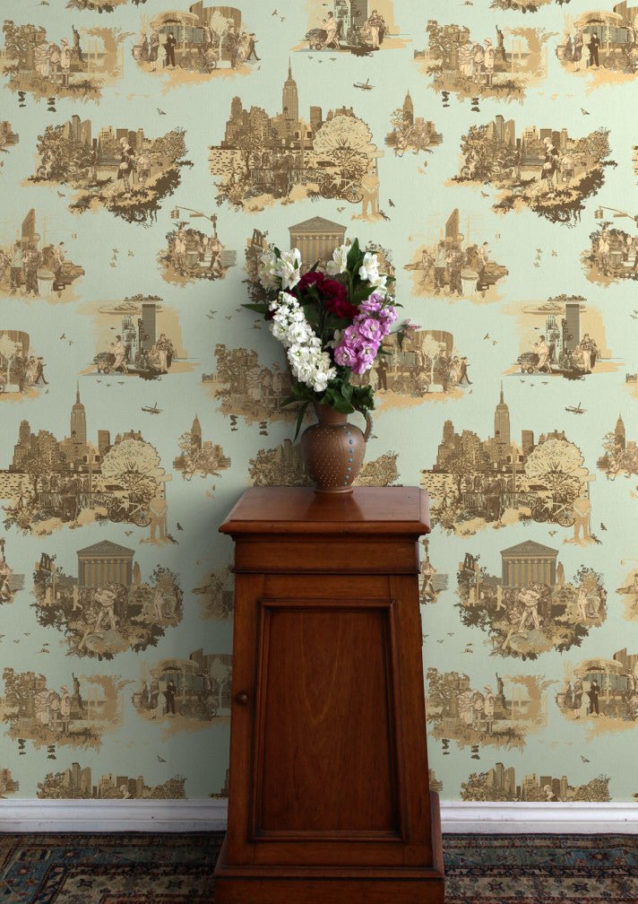 New York Toile Wallpaper - Browns on Green - Timorous Beasties - TB/NYTOIL/MICA/05 - Premier Wallcovering
