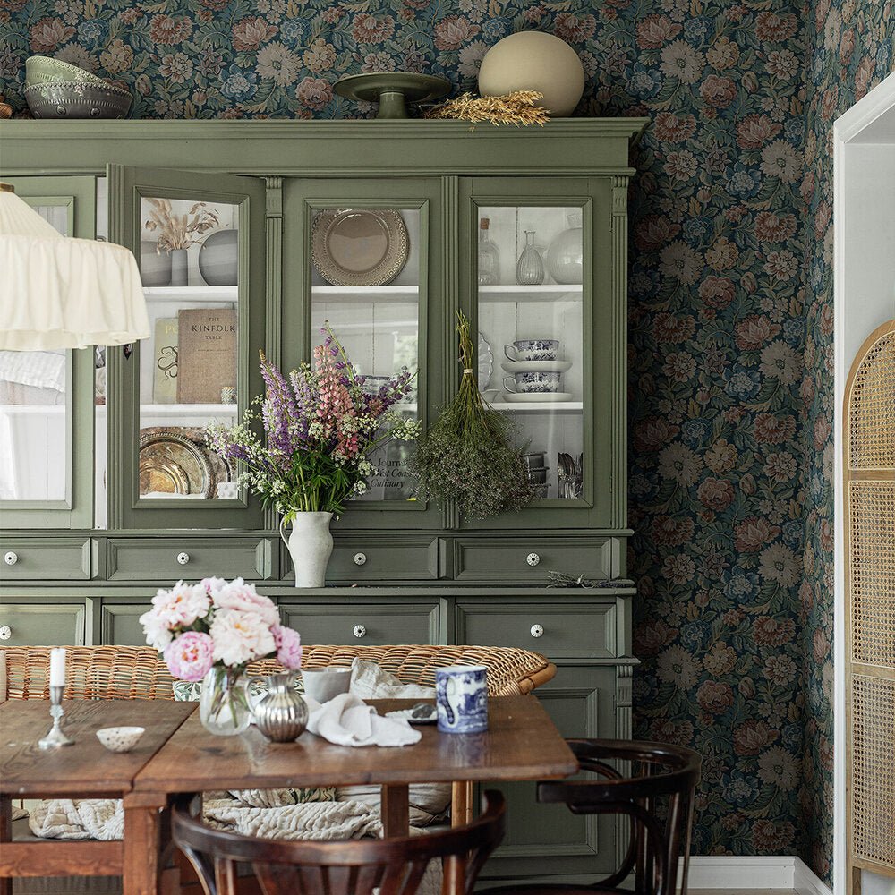 Nightingale Garden Wallpaper - Charcoal - Green / Pink - Boråstapeter - 3561 - Premier Wallcovering