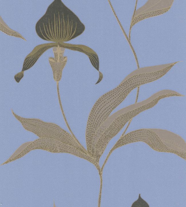 Orchid Wallpaper - Charcoal, Taupe & Metallic Gold on Hyacinth Blue - 66/4030 - Cole & Son - Premier Wallcovering