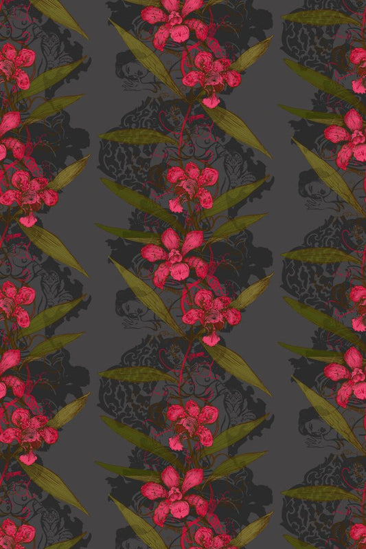 Oriental Orchid Wallpaper - Reds & Greens on Black - Timorous Beasties - EX/ORO/4007/01 - Premier Wallcovering