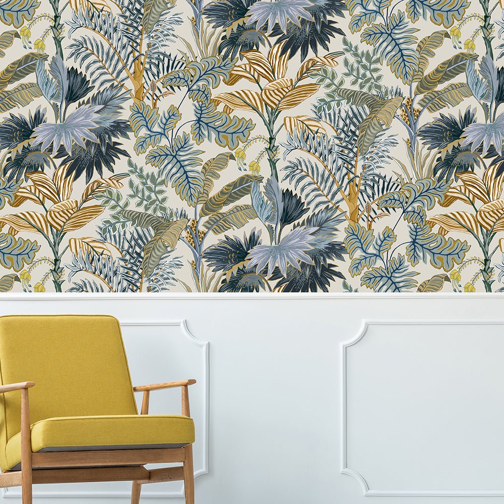 Palm Grove Wallpaper - Ecru and Blue - Josephine Munsey - JMW-101311 - Premier Wallcovering