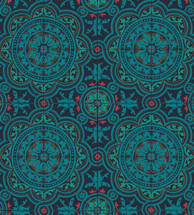 Piccadilly Seville Wallpaper - Petrol, Red & Metallic Gold on Ink - 117/8021 - Cole & Son - Premier Wallcovering