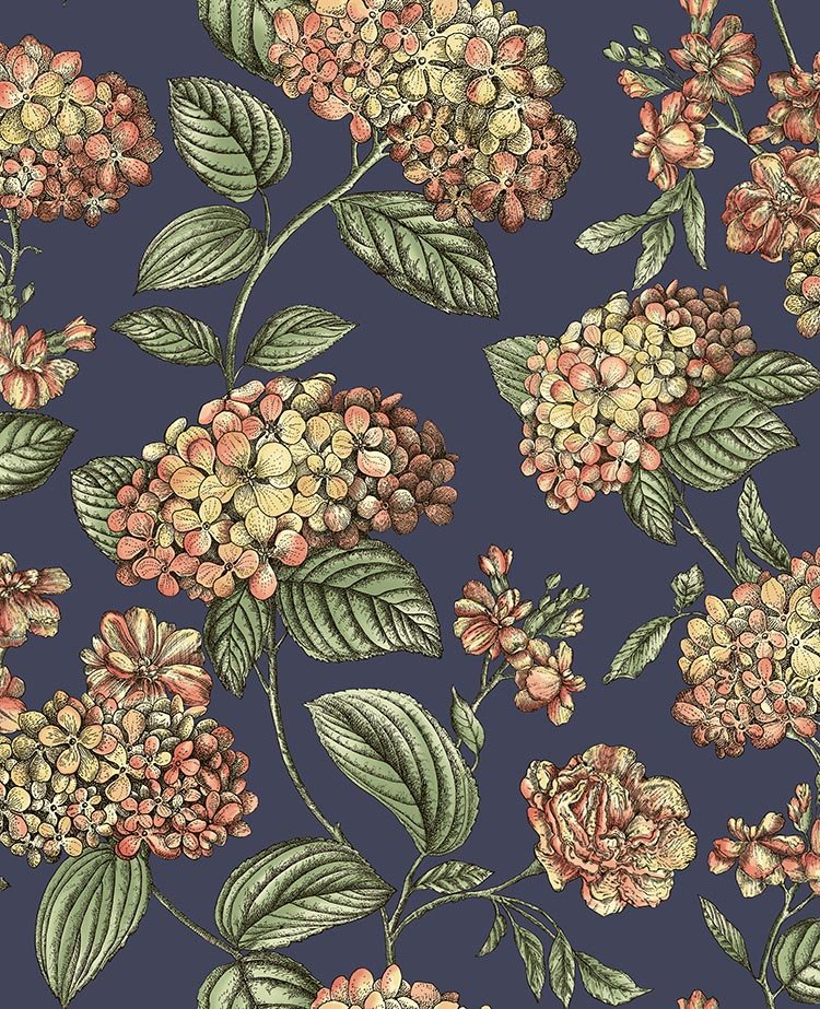 Ramo di Ortensia Wallpaper - Coral on Dark Blue - 123/8040 - Cole & Son - Premier Wallcovering