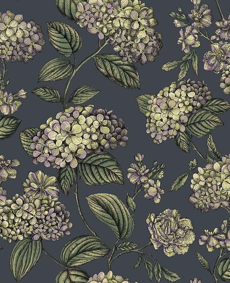 Ramo di Ortensia Wallpaper - Lime & Purple on Ink - 123/8042 - Cole & Son - Premier Wallcovering