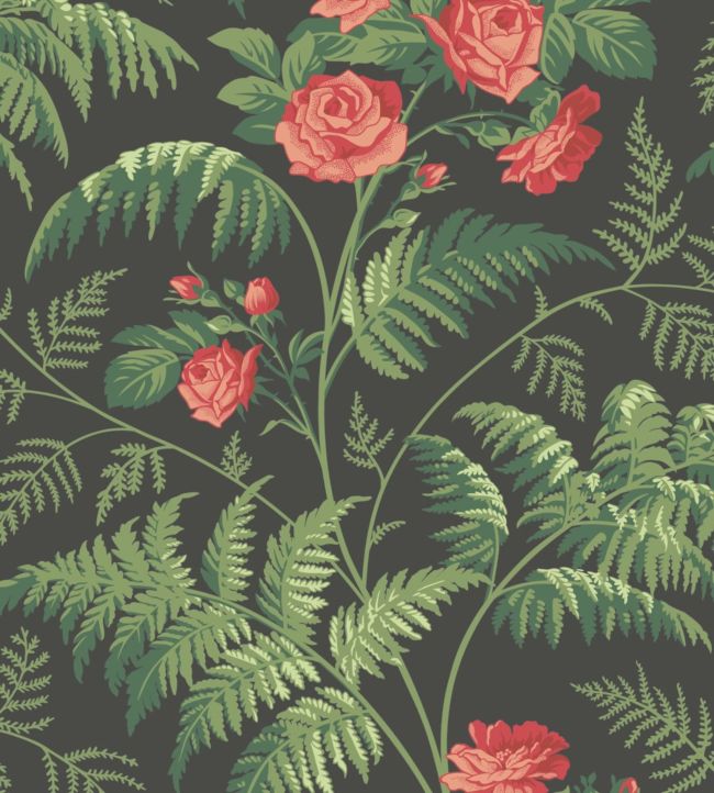 Rose Wallpaper - Red & Leaf Green on Charcoal - 115/10030 - Cole & Son - Premier Wallcovering