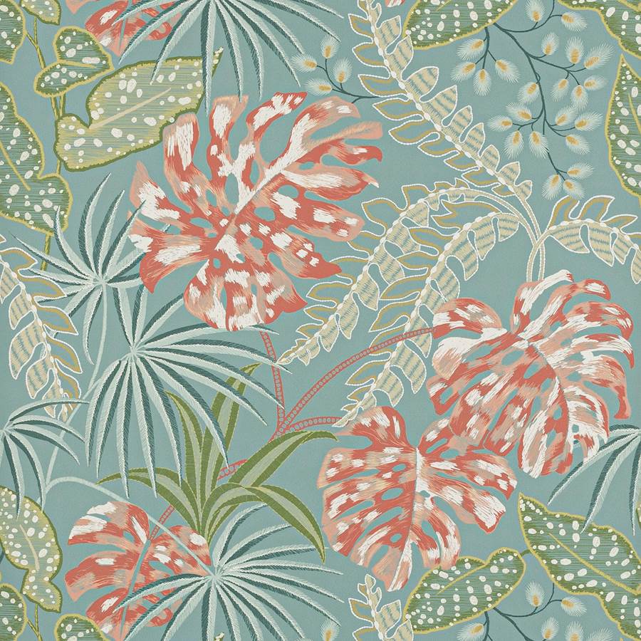 Rousseau Wallpaper - Teal/Coral - J184W - 02 - Jane Churchill