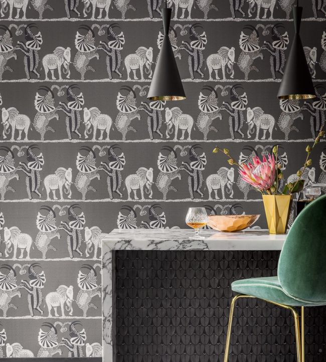Safari Dance Wallpaper - Stone & Black on Charcoal - 109/8039 - Cole & Son - Premier Wallcovering