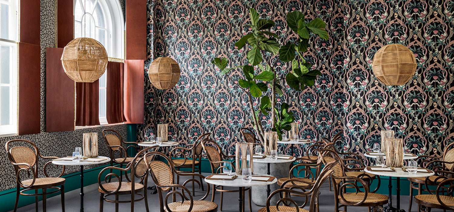 Safari Totem Wallpaper - Ruby & Print Room Blue on Charcoal - 119/2008 - Cole & Son - Premier Wallcovering