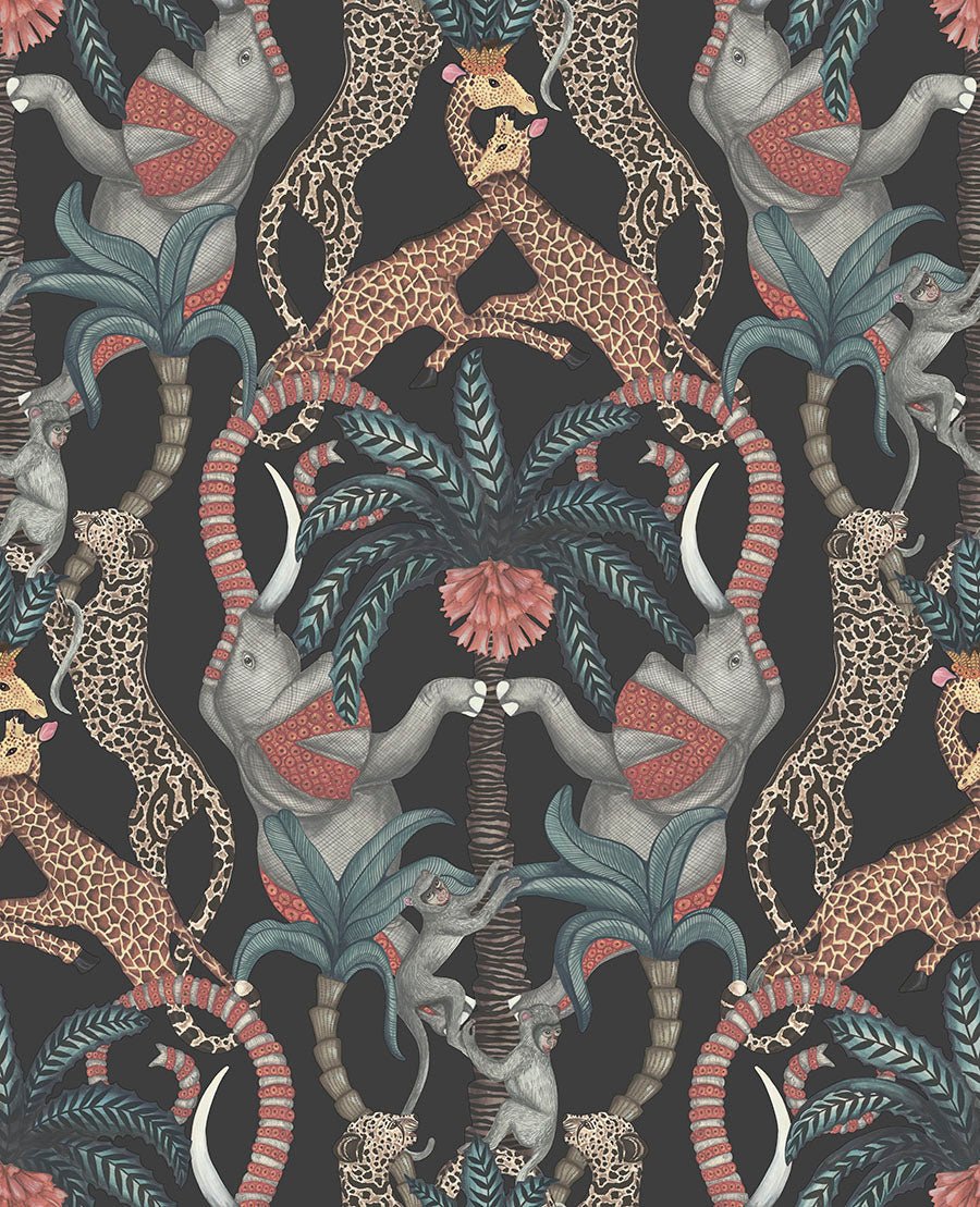 Safari Totem Wallpaper - Ruby & Print Room Blue on Charcoal - 119/2008 - Cole & Son - Premier Wallcovering