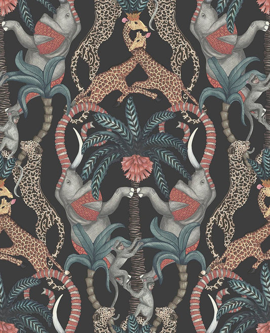 Safari Totem Wallpaper - Ruby & Print Room Blue on Charcoal - 119/2008 - Cole & Son - Premier Wallcovering