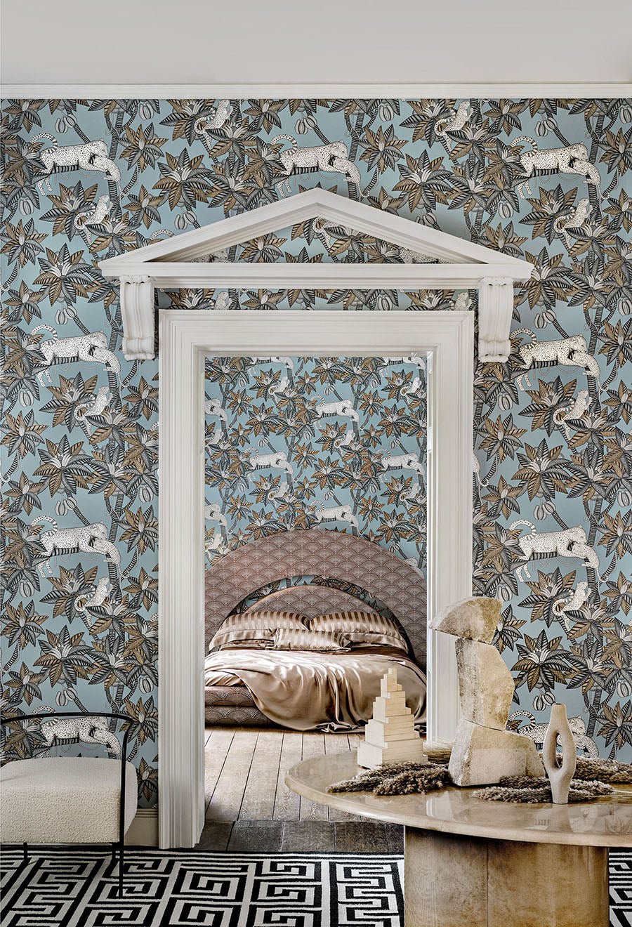 Satara Wallpaper - Slate & White Mica on Print Room Blue - 119/3012 - Cole & Son - Premier Wallcovering