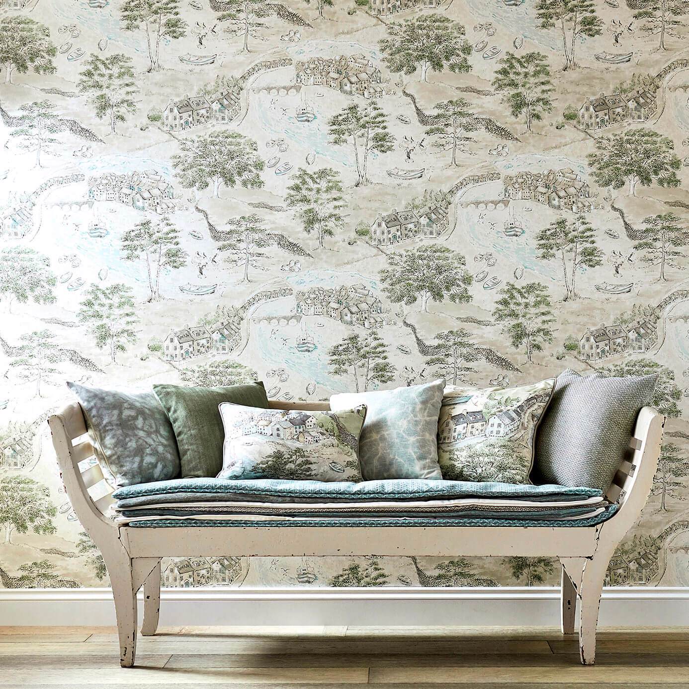 Sea Houses Wallpaper - Charcoal/Linen - Sanderson - DEBB216489