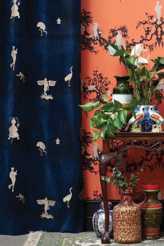 Shuiping De Pillement Velvet Fabric - Black & Pale Gold on Navy - Timorous Beasties - SHUP/8818/05 - Premier Wallcovering